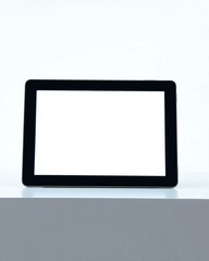 Black tablet computer with blank white screen on table