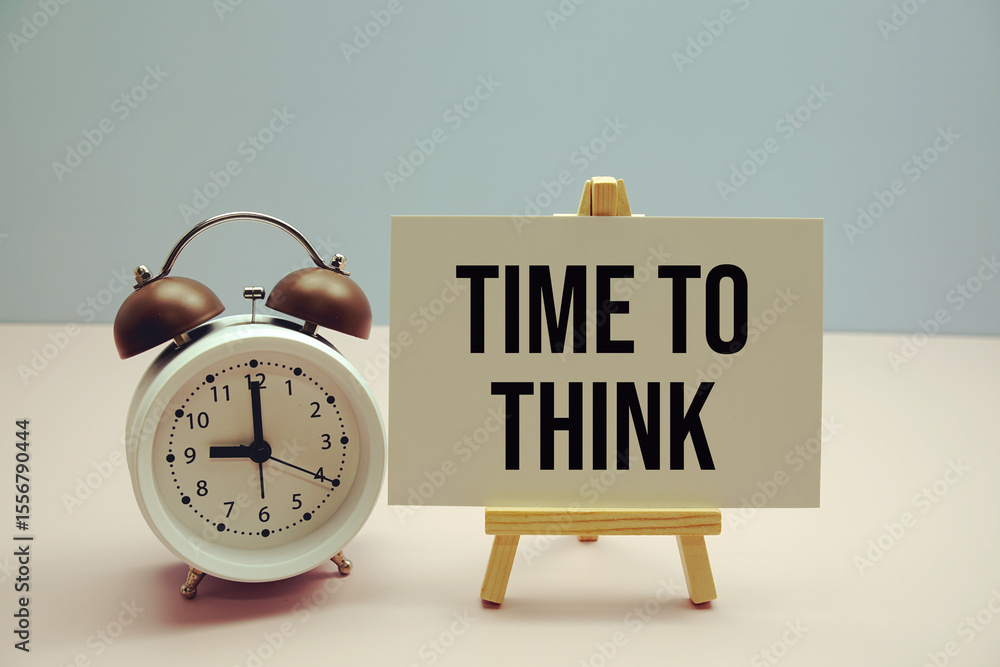 Poster time to think text on paper card with alarm clock on pink background