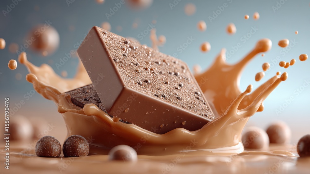 Aufkleber Close-up of a milk chocolate bar with textured surface splashing into liquid surrounded by chocolate balls on a light background