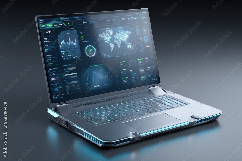 Aufkleber Advanced high-tech laptop computer displaying global data analysis and digital interface with futuristic interface and holographic screens