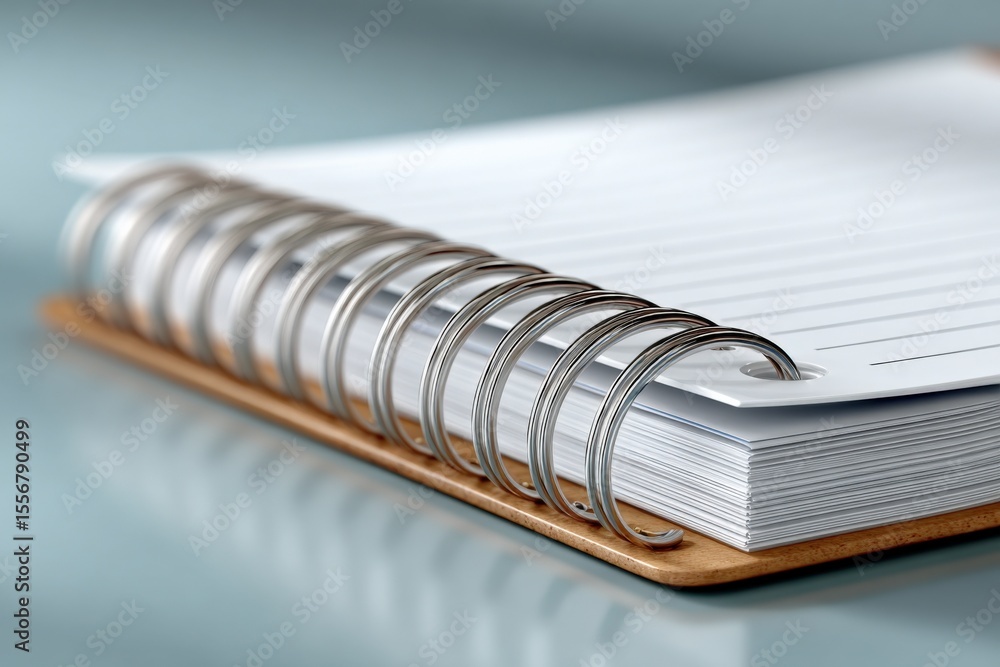 Poster Close-up of a spiral-bound notebook with blank lined pages on a reflective surface for writing planning or note-taking purposes