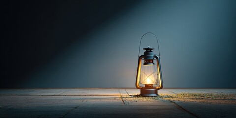Vintage lantern with glowing light on wooden surface in dim setting with spotlight effect highlighting rustic atmosphere and warm illumination