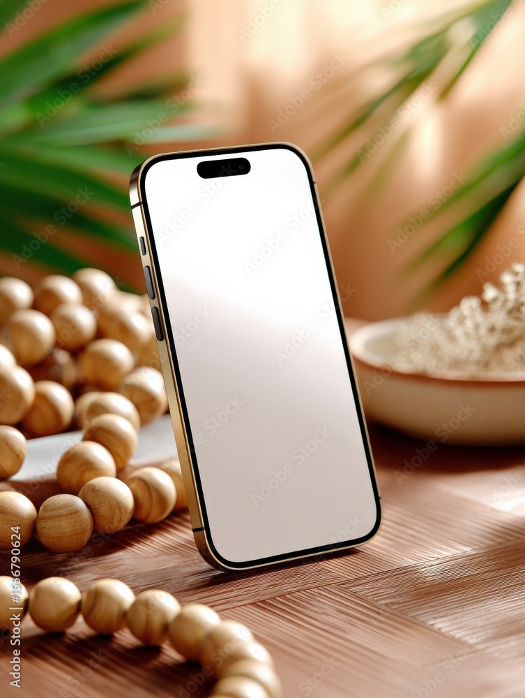 Poster modern smartphone with blank screen placed on wooden table in cozy home setting with plants and deco