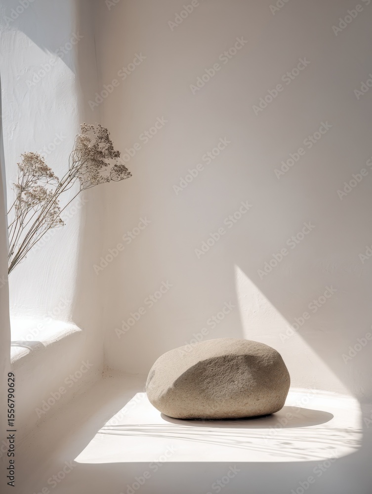 Poster minimalist interior scene featu a smooth rounded stone on a bright ill with soft natural lighting an