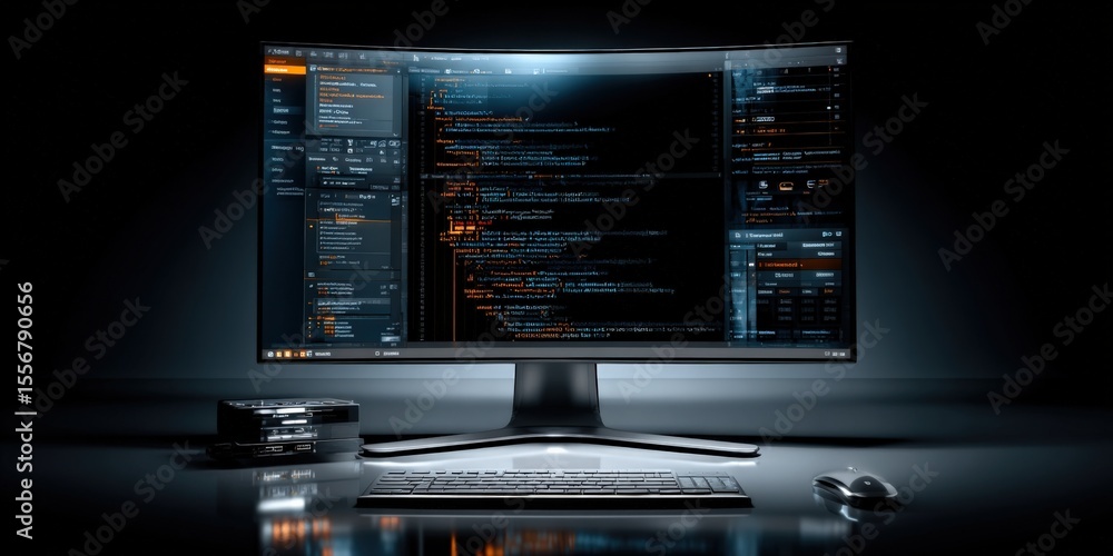 Aufkleber Modern computer workspace with large curved monitor displaying code and data analysis, ergonomic keyboard and mouse, tech gadgets
