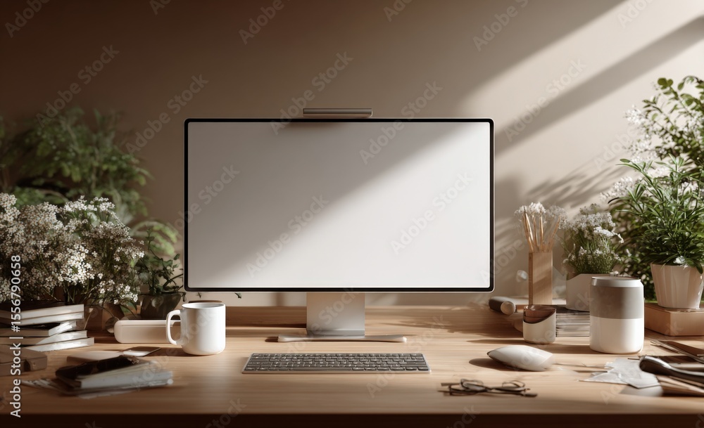 Poster Modern office desk workspace with computer monitor keyboard and mouse surrounded by houseplants and decor in natural sunlight
