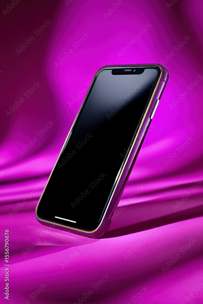 Poster modern smartphone with large black screen and sleek design resting on vibrant pink satin fabric with