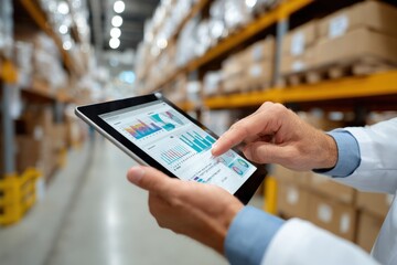 Businessman analyzing sales data on tablet in warehouse with shelves full of boxes du inventory or stock check process