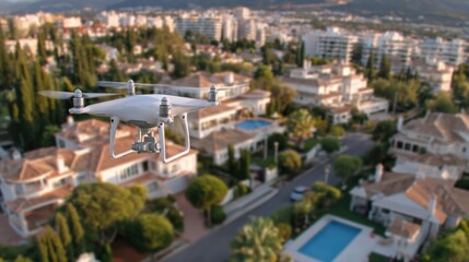 Obraz premium Aerial View of Residential Neighborhood with Swimming Pool and Drone Flying Over Suburban Area Du Daylight in Bright Weather