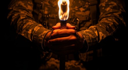 Dramatic scene of military soldier in camouflage uniform holding a burning torch with firelight illuminating hands and tactical gear against dark background symbolizing courage