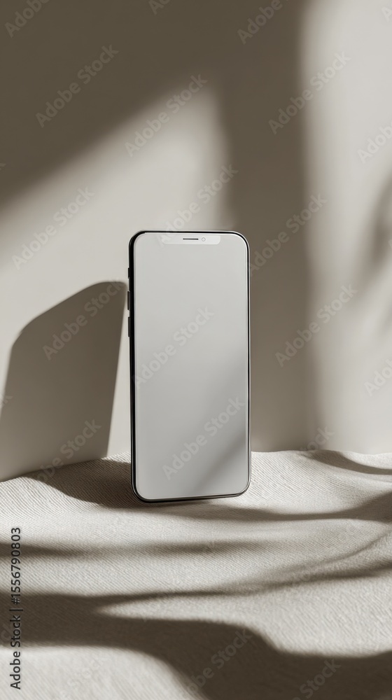 Poster Modern sleek smartphone with blank screen standing on soft fabric surface in bright natural light with shadows on plain wall background