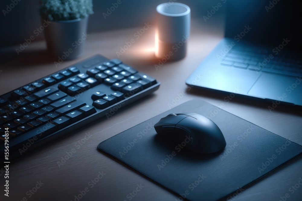 Poster modern workspace with computer keyboard mouse laptop coffee cup and potted plant on wooden desk with