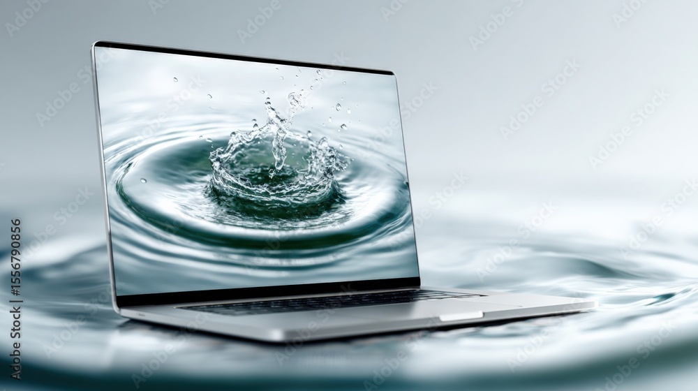 Poster modern sleek laptop computer with water splash on screen illustrating digital technology and interne