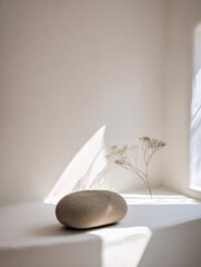 Minimalist Still Life Composition with Smooth Stone and Dried Plant on Bright Sunlit ill in Modern Interior Design