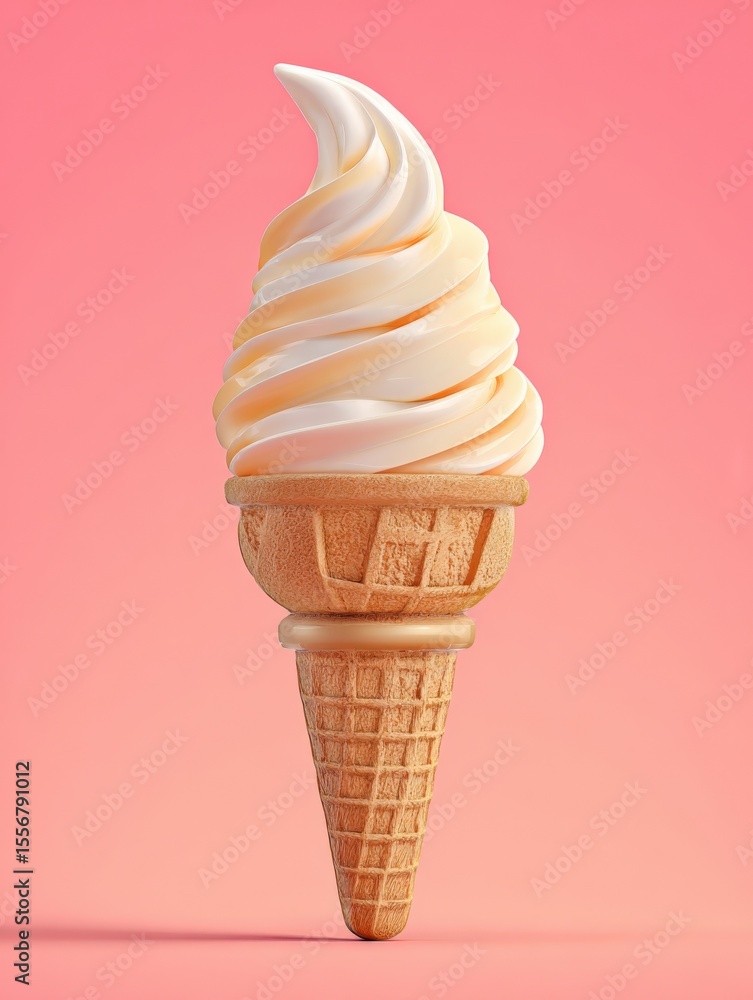 Aufkleber Delicious vanilla soft serve ice cream cone with smooth swirls in a waffle cone on pink background perfect summer dessert or snack