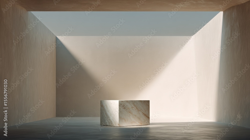 Aufkleber minimalist modern interior space with natural lighting and a simple marble block centerpiece in an o