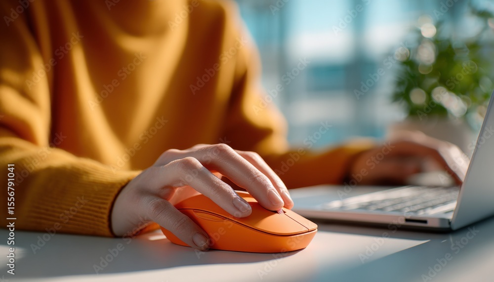 Aufkleber woman using computer mouse and laptop working at desk in office with natural light and plant in back