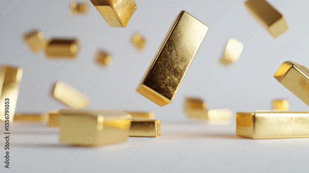Aufkleber wealth and prosperity concept with gold bars falling and stacked in a bright light background for in