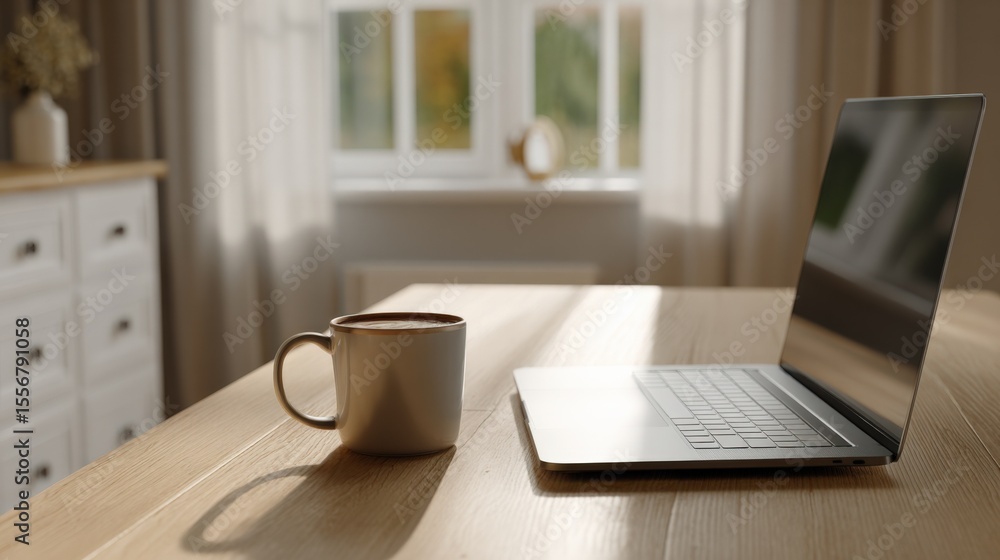 Poster modern home office workspace with open laptop and coffee mug on wooden table near window with curtai
