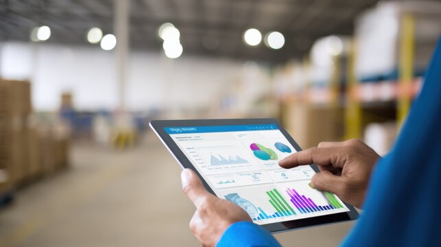 Businessperson Using Digital Tablet to Analyze Financial Data and Charts in Warehouse Warehouse Environment with Shelving and Storage Areas