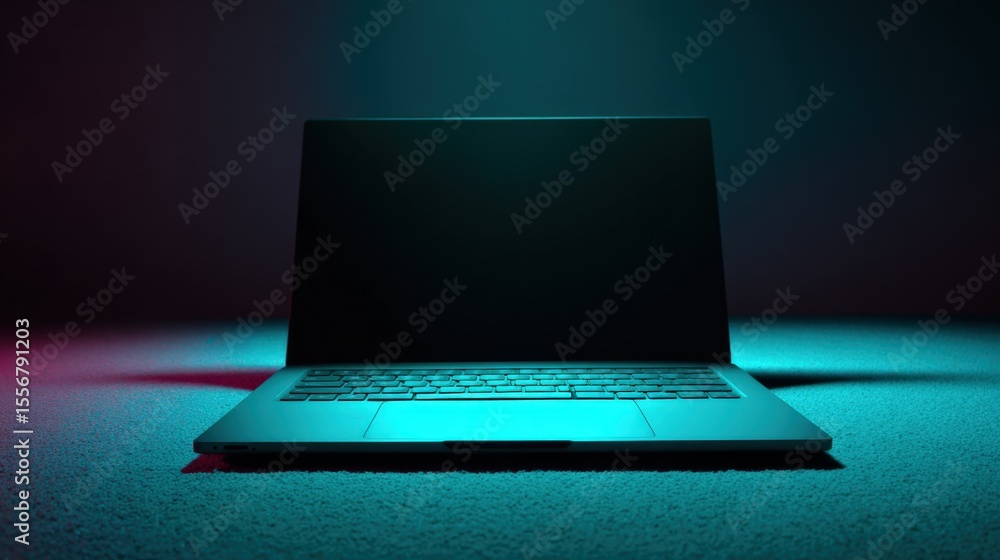 Poster Modern slim laptop computer with illuminated keyboard illuminated in a dark environment with vibrant blue and purple lighting for technology and innovation theme