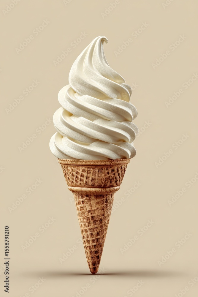 Poster Creamy smooth vanilla soft serve ice cream swirled in a tall cone with a crispy waffle pattern on a plain neutral background