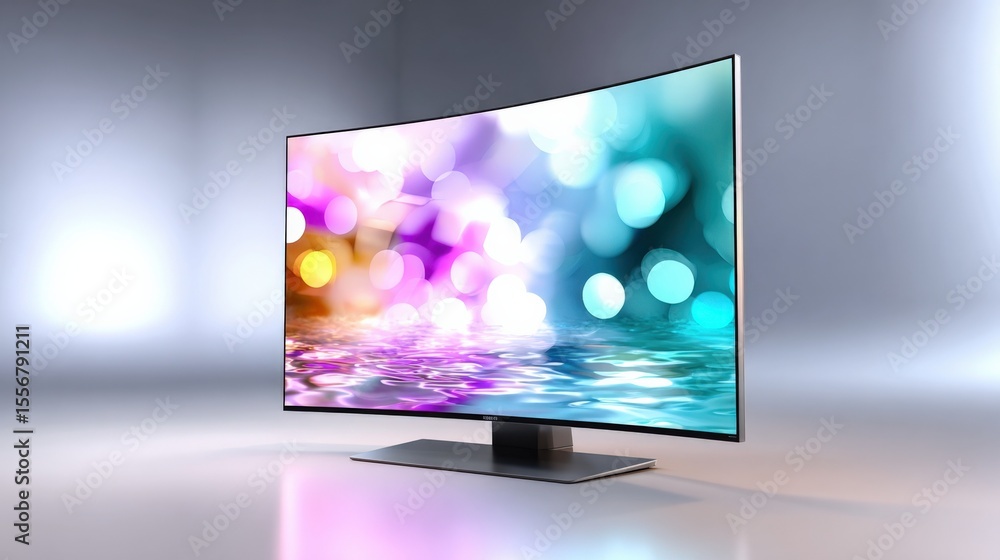 Poster ultra high definition flat screen television display showing colorful bokeh light reflection modern 