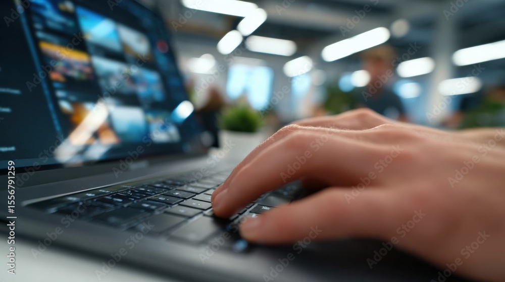 Poster worker typing on laptop keyboard in modern office with digital screens and contemporary workspace en