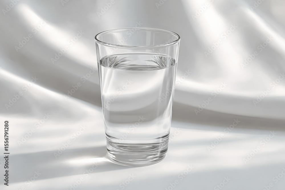 Poster clear drinking glass filled with water placed on smooth reflective surface in a bright white studio 