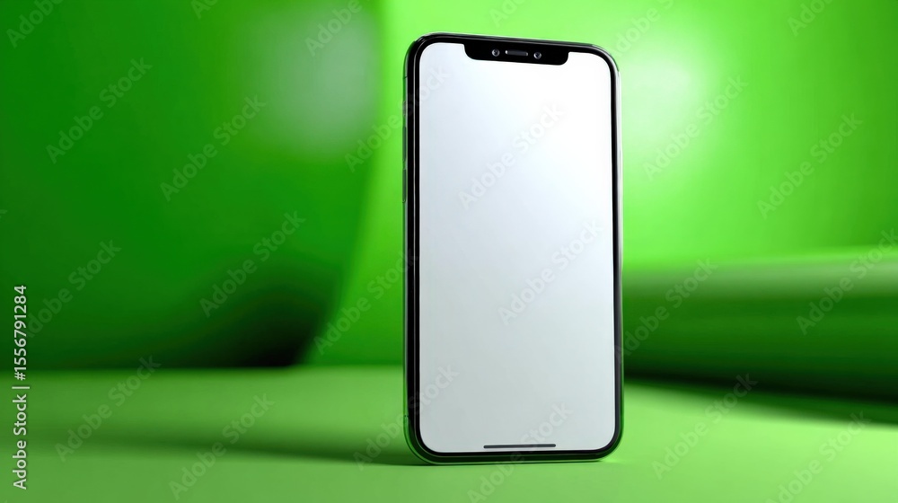 Poster Modern slim smartphone with large blank touchscreen display standing vertically on vibrant green background for technology and device showcase