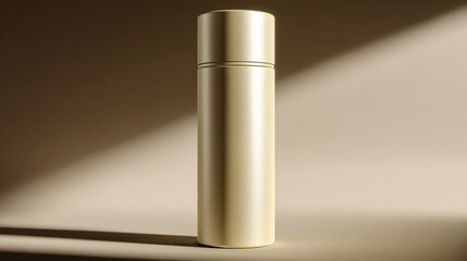 Elegant Gold Thermos Bottle Standing Upright on Surface with Soft Shadows and Warm Light Background for Travel and Beverage Storage