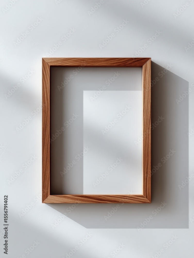 Poster minimalist wooden picture frame hanging on wall with soft shadow and modern interior design backgrou