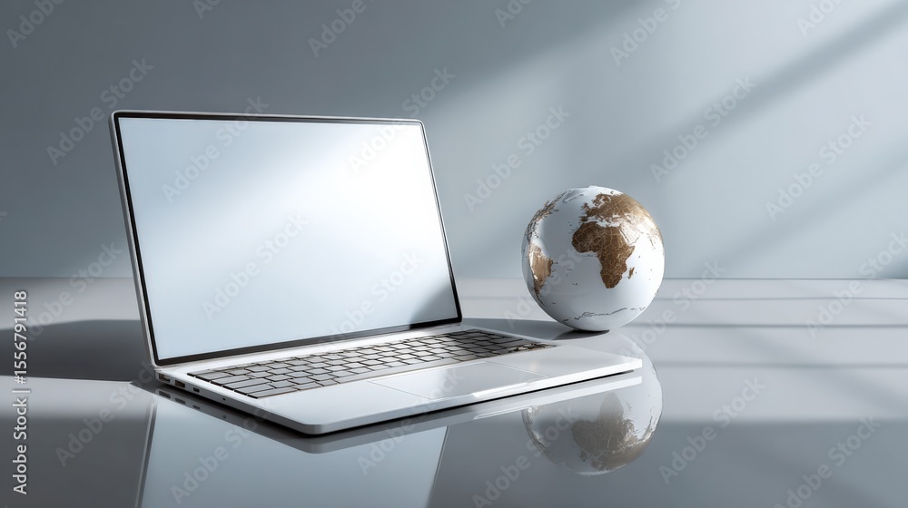 Poster Modern silver laptop with a sleek design open on a reflective surface beside a small globe representing international business and technology concepts