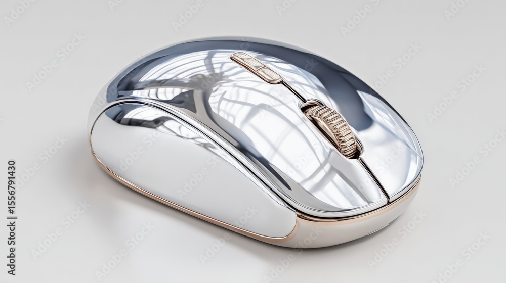 Poster elegant wireless computer mouse with reflective chrome finish and gold scroll wheel for office and g