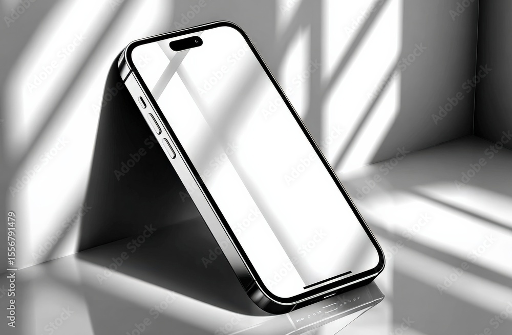 Poster modern sleek smartphone with reflective screen resting against wall near window casting shadows in b