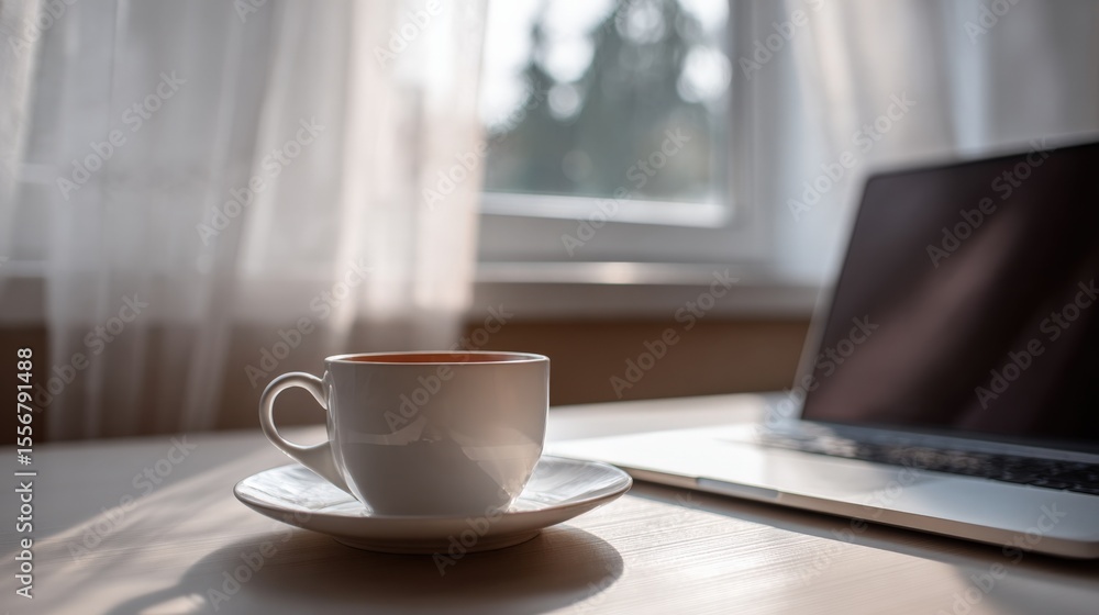 Poster cozy home office workspace with open laptop and coffee cup near window in bright light for work and 
