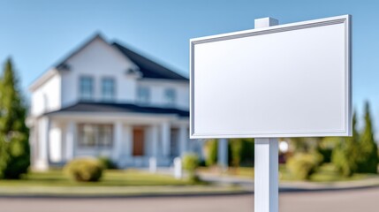 Fototapeta premium Modern blank outdoor real estate for sale signboard on a white post with residential house in background in a suburban neighborhood on a sunny day