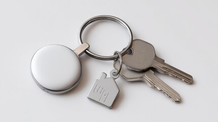 Set of Silver Key with Circular Keychain and Small Heart-Shaped Tag on Metallic for Locks Security and Access Control