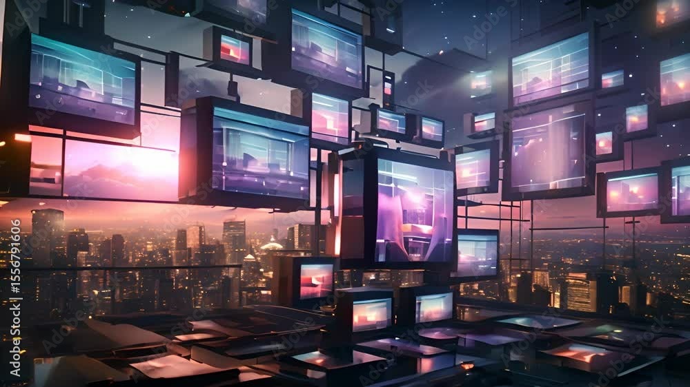 Poster neon technology city business concept with skyscraper buildings and virtual network connection