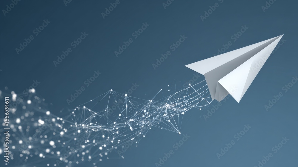 Poster Innovative white paper airplane flying through a digital network of interconnected points and lines in a futuristic technology scene