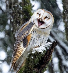 A Australian barn owl standing up and open beak appears to be laughing   , isolated on white background,  , copy space, copy space for text,