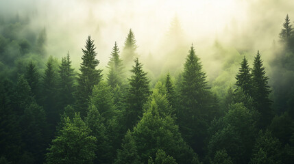 A dense forest of evergreen trees shrouded in a thick layer of fog with a soft ethereal glow above them