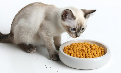 A cat on a white background eats food from a bowl , isolated on white background,  , copy space, copy space for text,