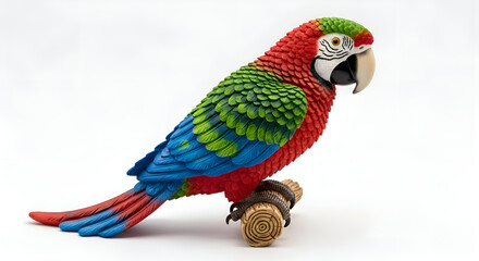 Fototapeta premium A faced right parrot figurine with bright feathers, perched pirate style, on white background