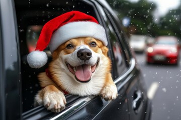 A happy dog wearing a Santa Claus hat leaning out of a car window. Christmas journey of friendly pet. , isolated on white background,  , copy space, copy space for text,