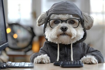 Adorable dog in glasses working with computer