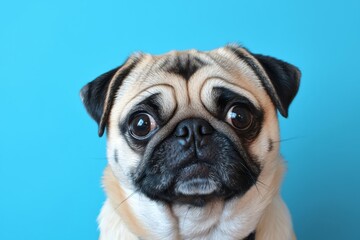 adorable dog pug breed making angry face and serious face on blue background,Pug Purebred Dog Concept , isolated on white background,  , copy space, copy space for text,