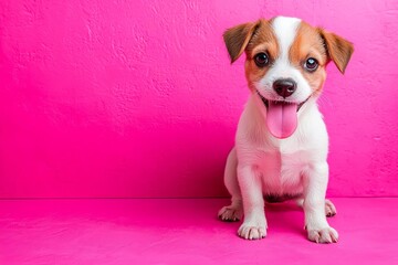 Adorable small dog with long tongue. Jack Russell terrier funny portrait. bully face. Pink background , isolated on white background,  , copy space, copy space for text,