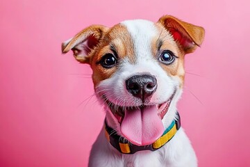 Adorable small dog with long tongue. Jack Russell terrier funny portrait. bully face. Pink background , isolated on white background,  , copy space, copy space for text,