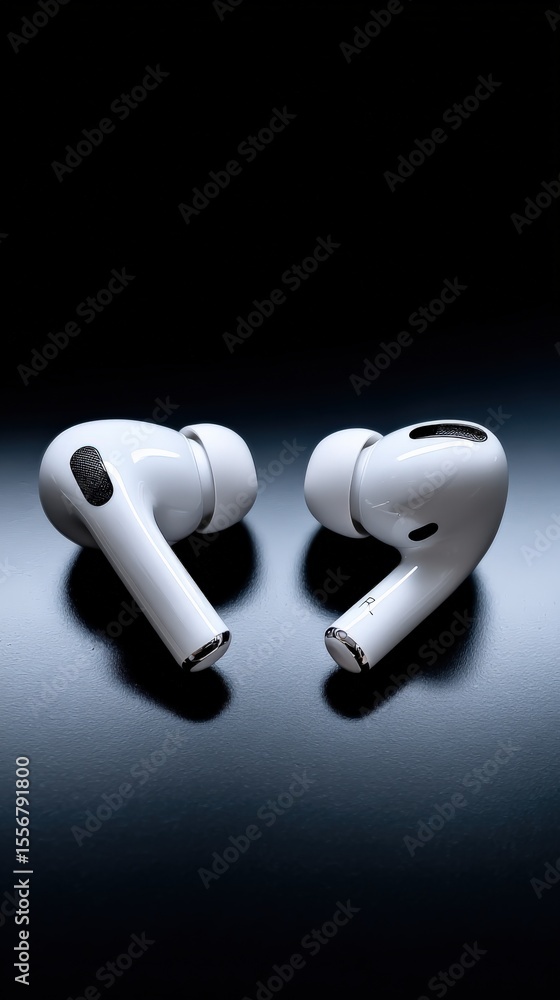 Aufkleber wireless earbuds with sleek modern design and high-quality sound technology on a reflective surface 